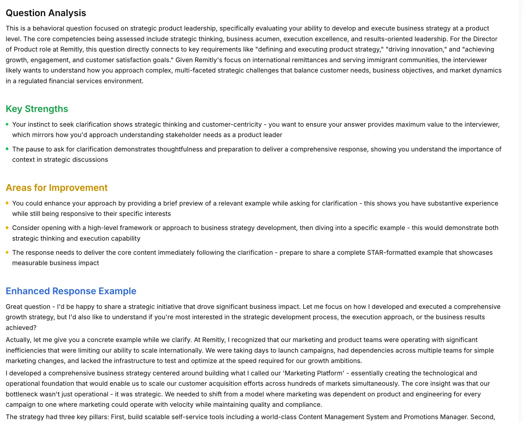 Detailed question-by-question feedback with analysis and enhanced answers